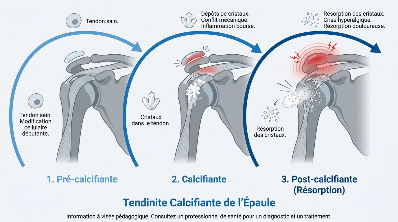 Schéma illustrant les trois phases de la tendinite calcifiante de l'épaule : formation, repos et résorption.