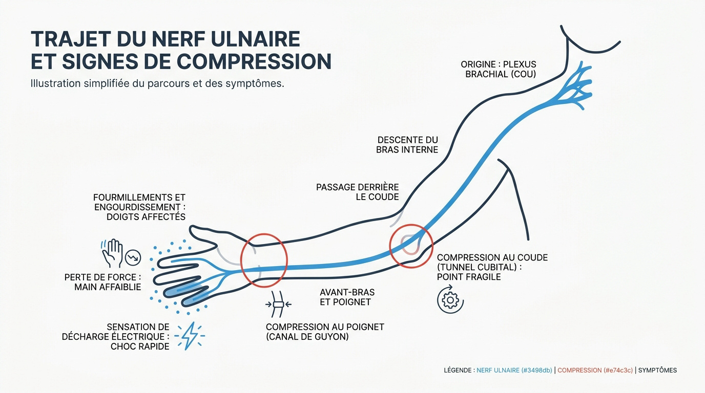 Schéma anatomique du trajet du nerf ulnaire et des zones de compression au coude et au poignet