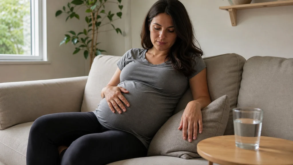 Femme enceinte se reposant sur un canapé avec un verre d’eau à proximité