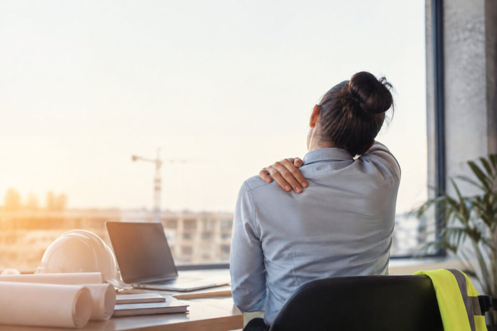 Une femme ingénieure assise à son bureau, se tenant l'épaule en signe de douleur, avec un chantier en arrière-plan.