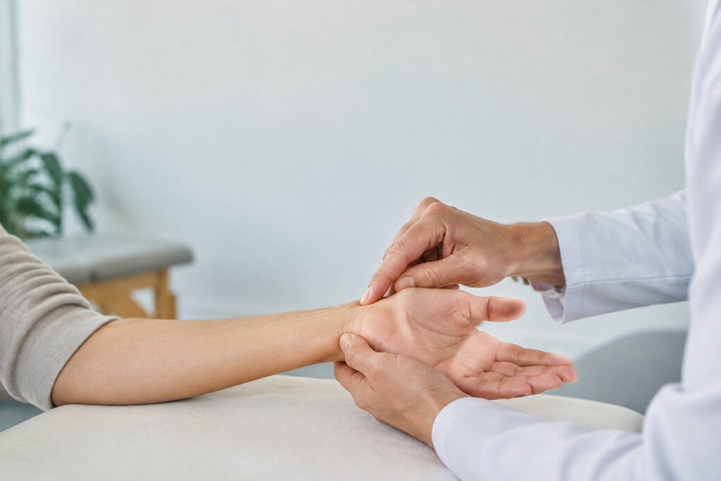Un médecin effectue le test de Tinel en tapotant doucement le poignet d'un patient pour diagnostiquer le canal carpien.