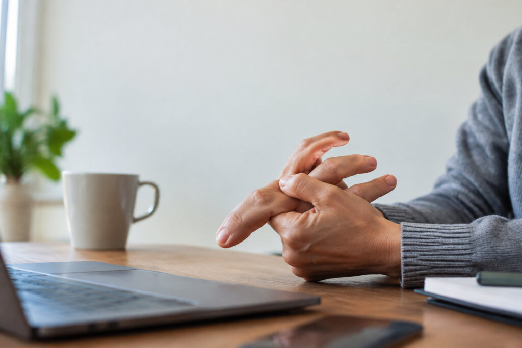 Une personne assise à un bureau, tenant ses mains entrelacées, évoquant la douleur ou la convalescence post-opératoire.