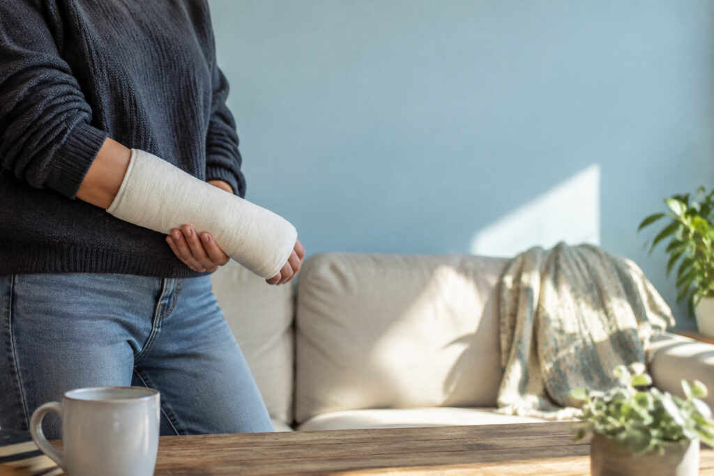Une personne portant un plâtre blanc au poignet gauche, debout dans un salon lumineux.