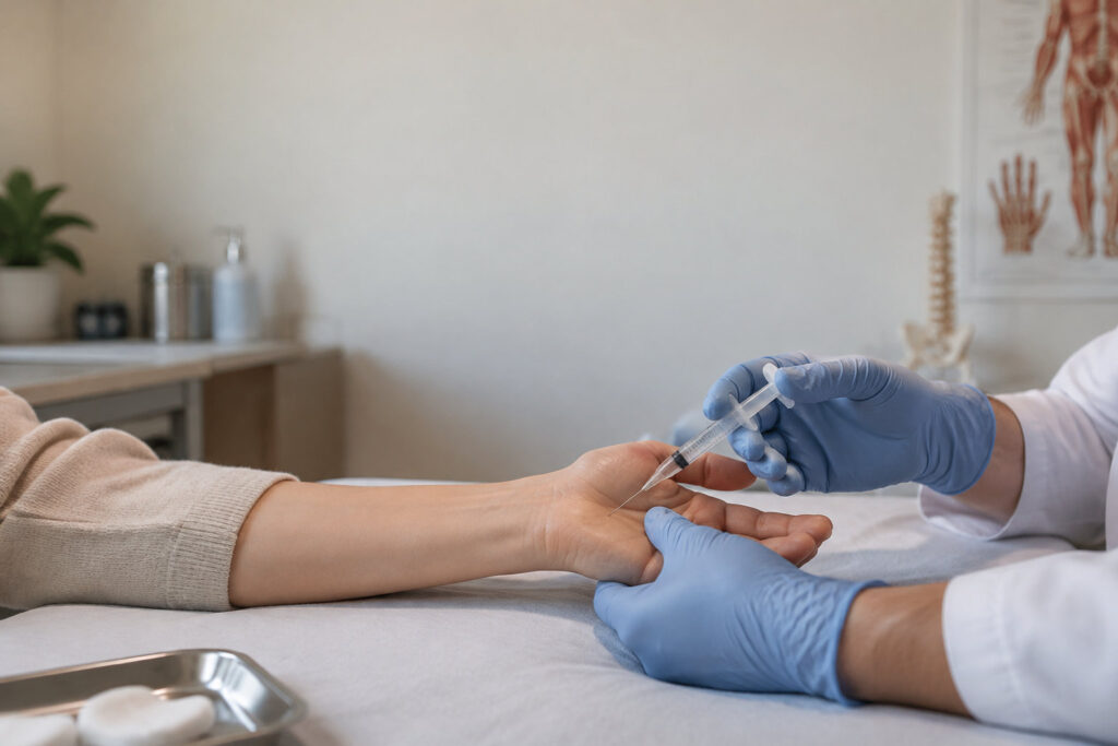 Un médecin en gants bleus réalise une infiltration dans le poignet d'une patiente dans un cabinet médical.