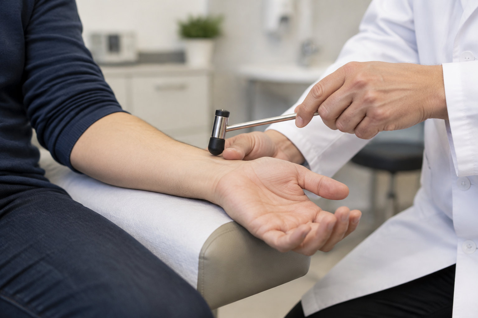 Un médecin en blouse blanche percute doucement le poignet d’un patient avec un marteau à réflexes, dans un cabinet médical.