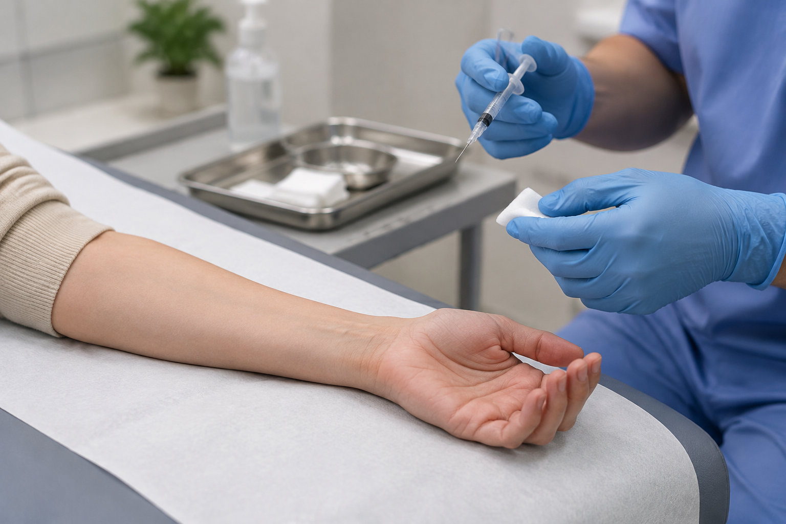 Un professionnel de santé en blouse bleue prépare une injection au-dessus du bras tendu d’une personne allongée sur une table d’examen.
