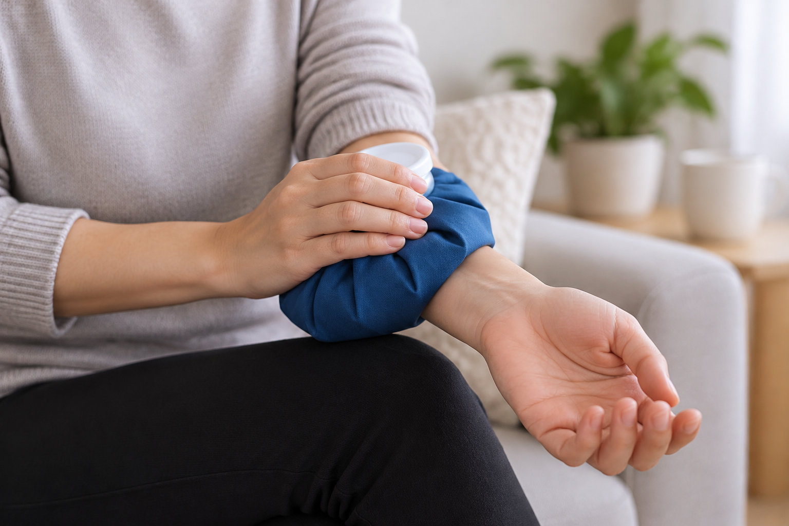 Une personne assise applique une poche de froid bleue sur son poignet, dans un salon.
