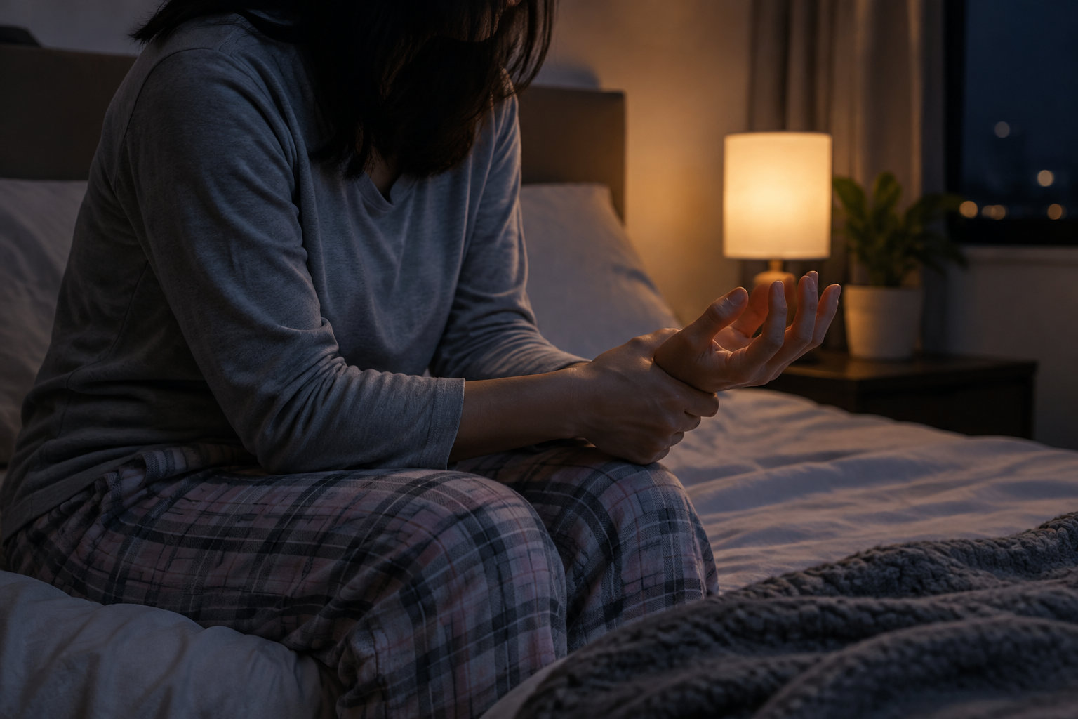 Une personne assise sur un lit tient son poignet dans une chambre éclairée par une lampe de chevet.
