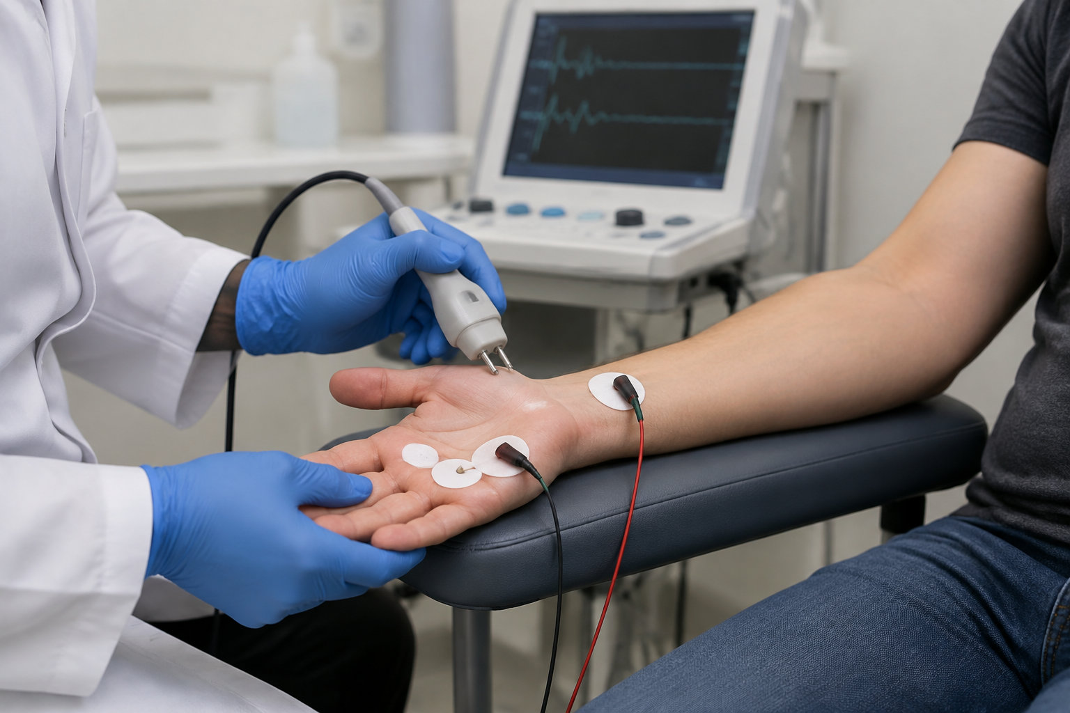 Un professionnel de santé ganté examine la paume d’une personne à l’aide d’une sonde, tandis que des électrodes sont fixées à sa main et reliées à un appareil affichant des tracés.