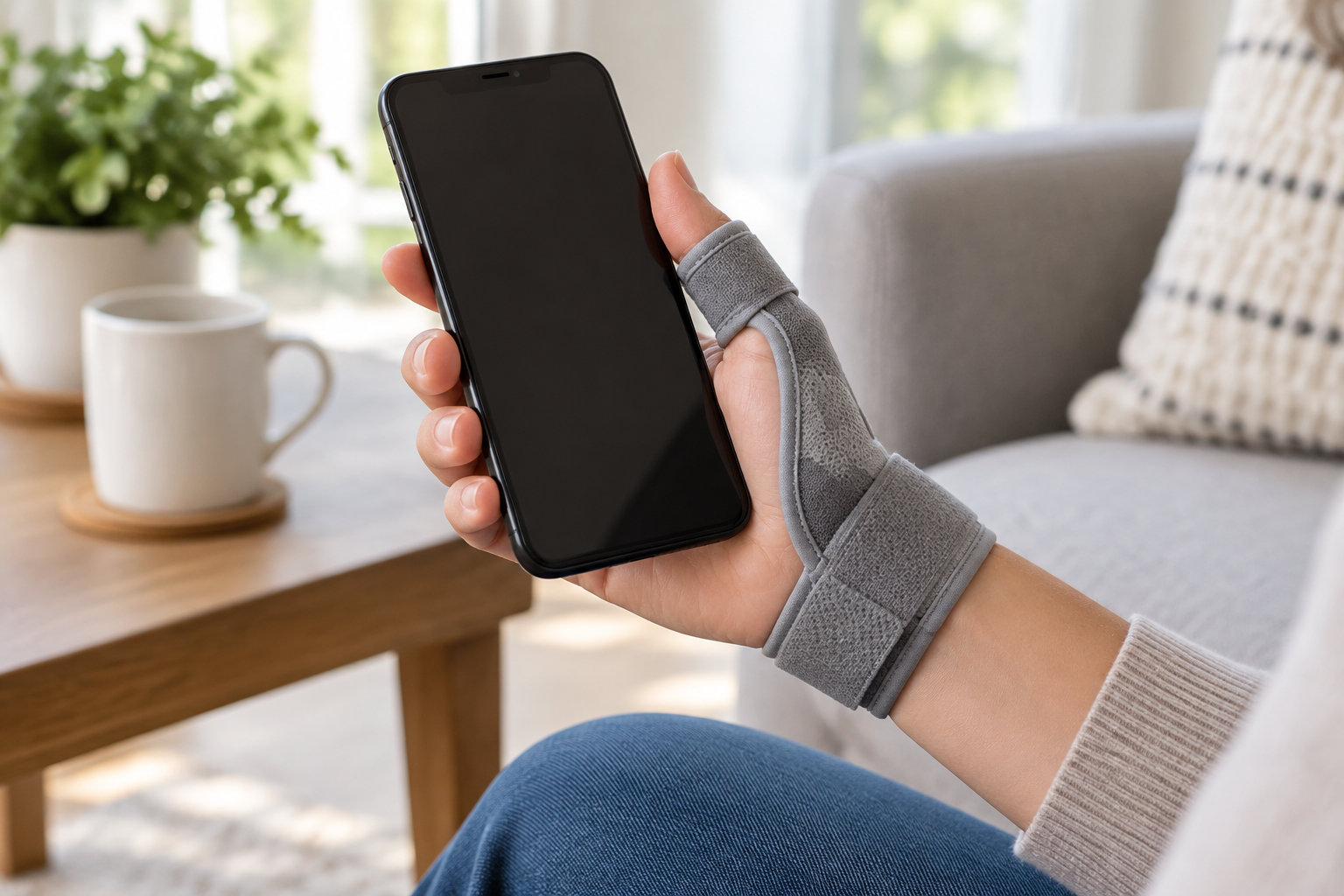 Une personne assise tient un téléphone à écran éteint, avec une attelle grise au poignet et au pouce.
