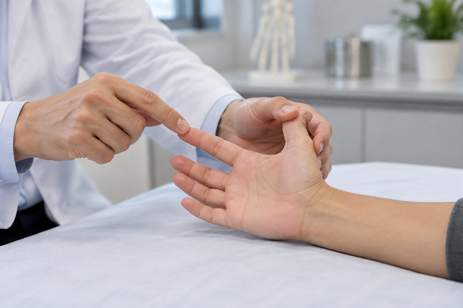 Un professionnel en blouse blanche examine la main ouverte d’une personne en lui touchant un doigt.