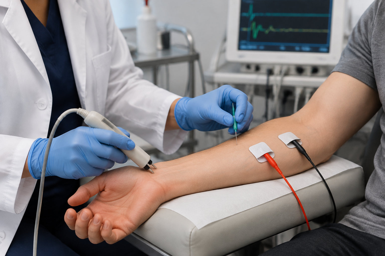 Un professionnel de santé en blouse blanche examine l’avant-bras d’une personne avec une sonde, tandis que deux électrodes sont fixées sur son bras et qu’un moniteur affiche des tracés.