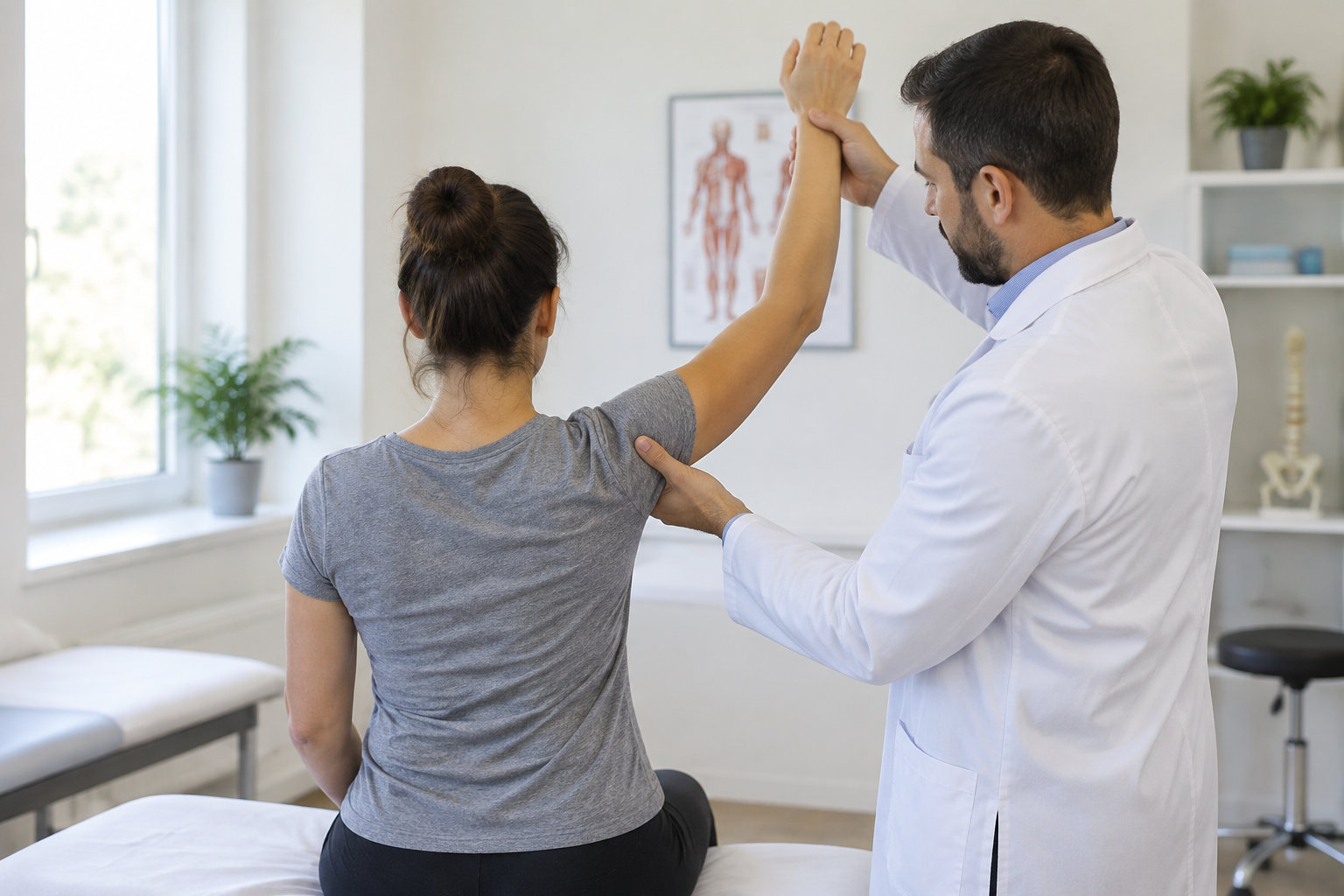 Un professionnel de santé en blouse blanche examine le bras levé d’une femme assise sur une table d’examen, dans un cabinet médical.