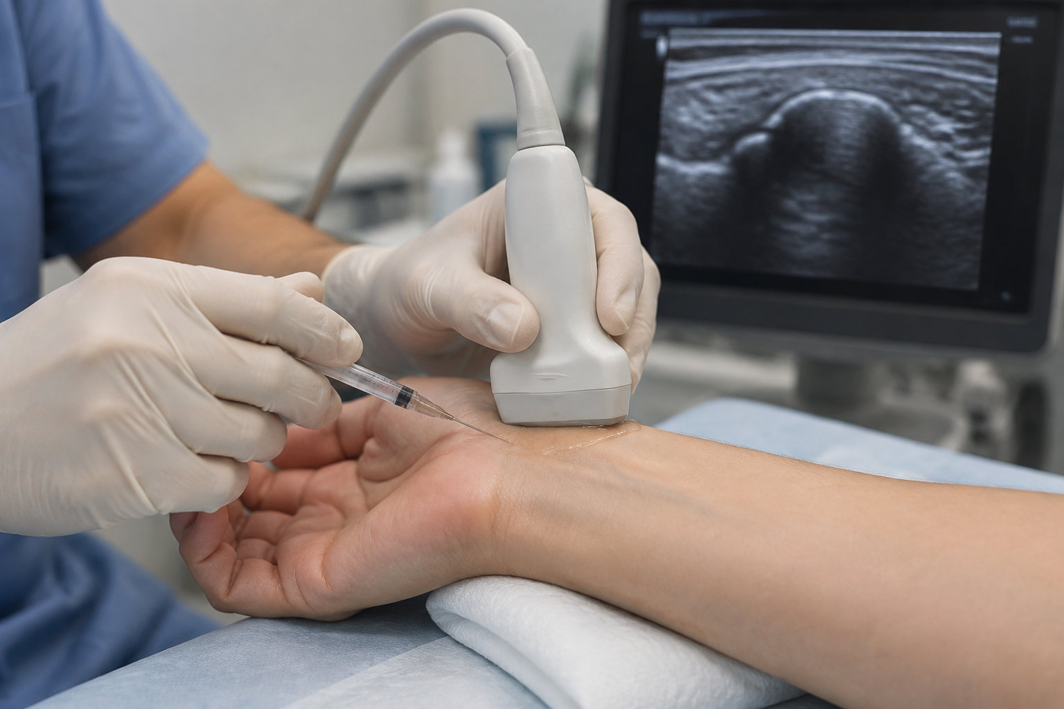 Un professionnel de santé applique une sonde d’échographie et une seringue sur le poignet d’un patient, devant un écran affichant une image échographique.