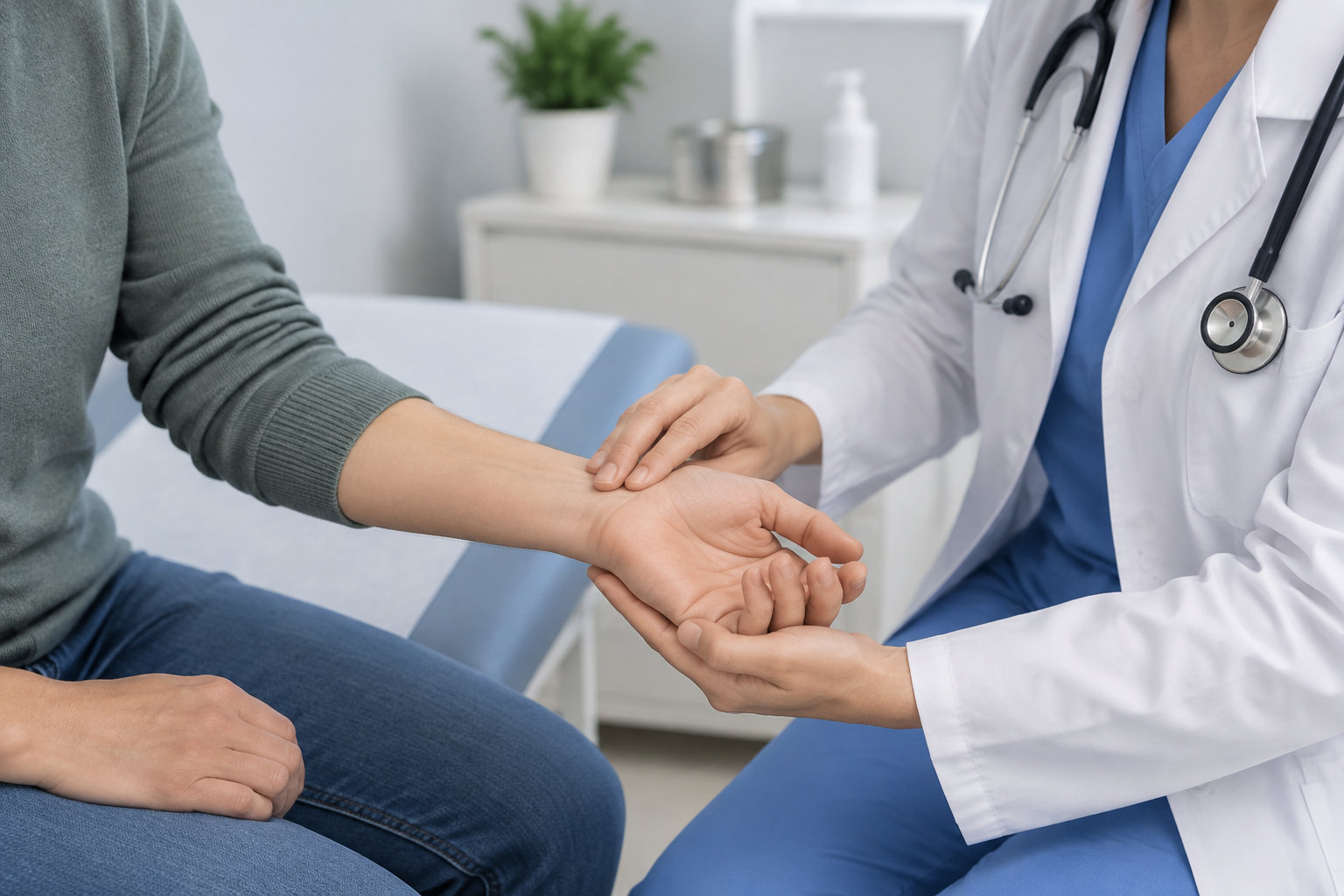 Un médecin en blouse blanche, muni d’un stéthoscope, tient le poignet d’un patient dans un cabinet médical.