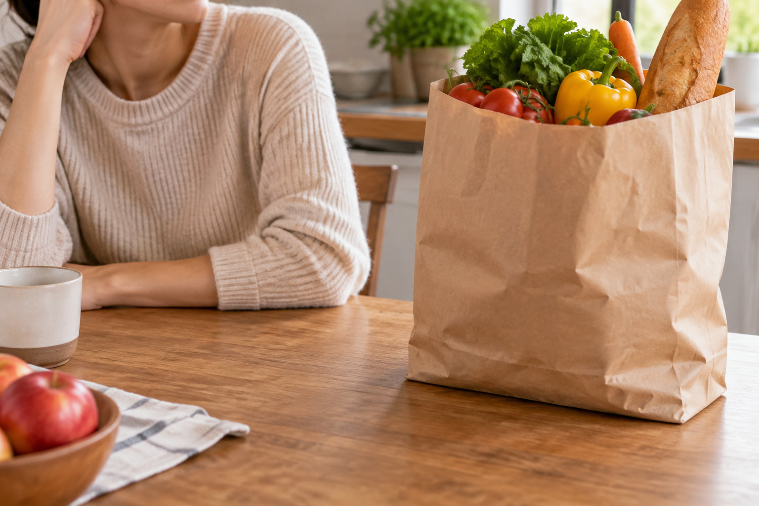 Une personne assise à une table en bois près d’un sac en papier rempli de légumes et d’une baguette.