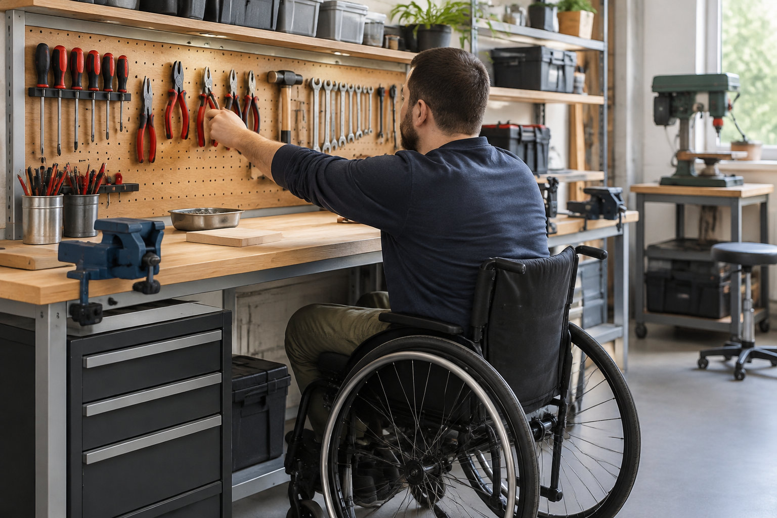 Un homme en fauteuil roulant saisit une pince accrochée à un panneau d’outils dans un atelier bien rangé.