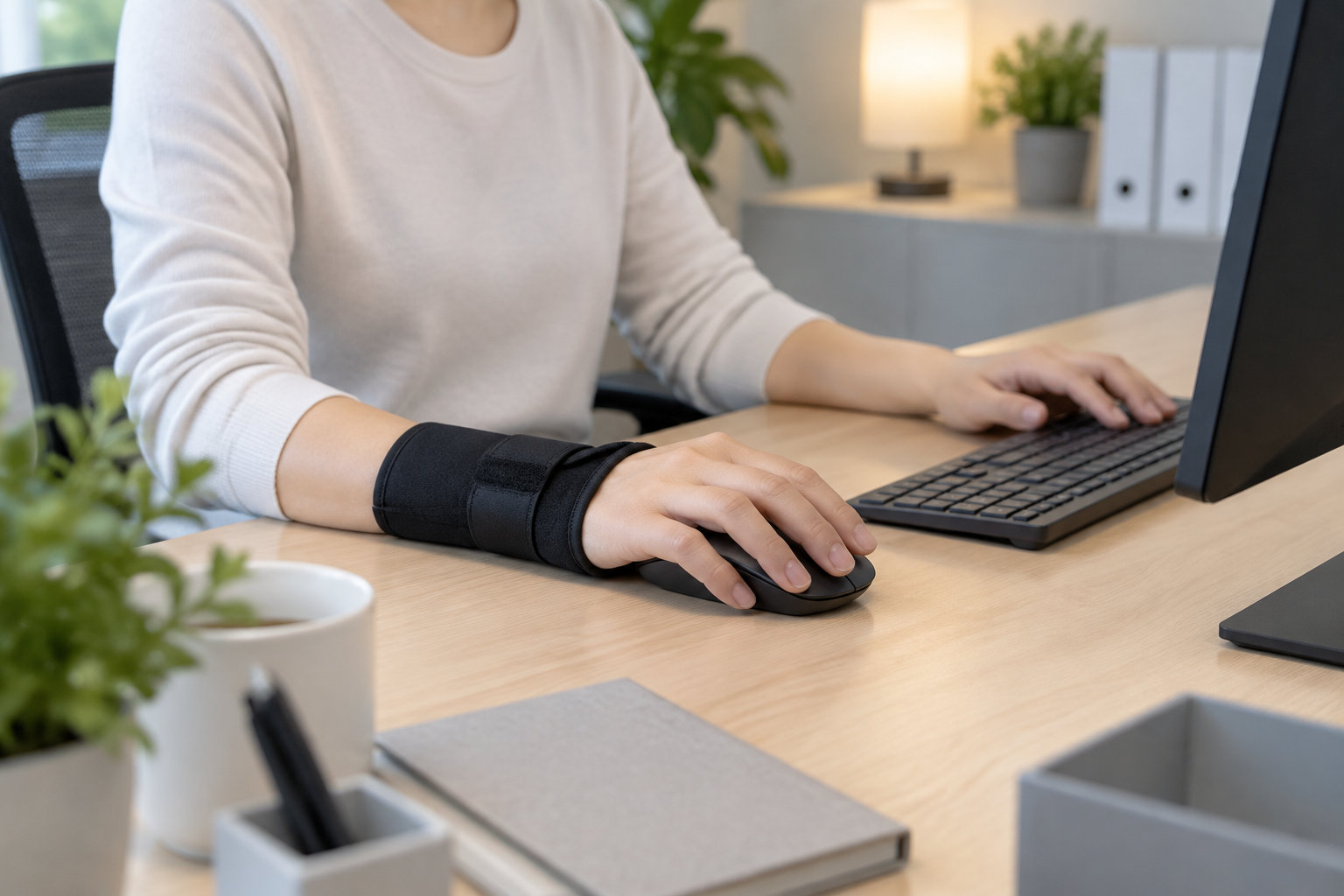 Une personne portant une attelle noire au poignet utilise une souris et un clavier devant un écran, dans un bureau.