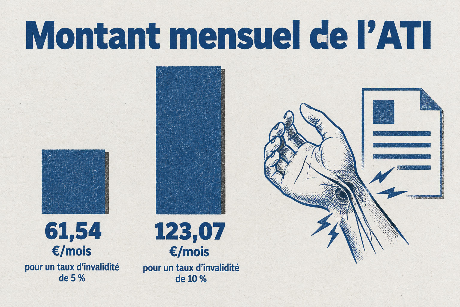 Le montant mensuel de l’ATI est de 61,54 €/mois pour un taux d’invalidité de 5 % et de 123,07 €/mois pour 10 %.