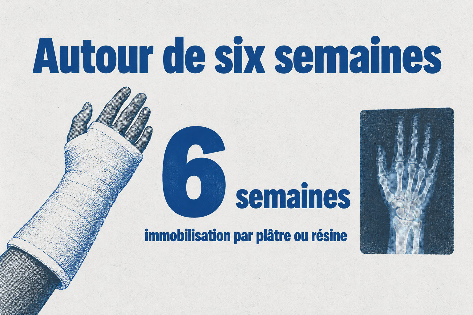 Une immobilisation par plâtre ou résine dure souvent autour de 6 semaines avant l’évaluation de la consolidation.